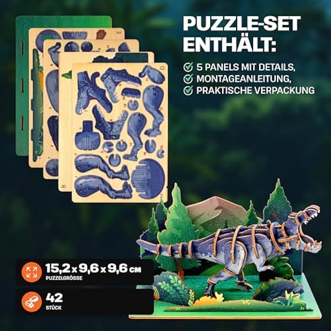 TYRANNOSAURUS DINOSAUR 3D WOODEN PUZZLE - 42 PIECES - AGES 8 AND UP - REALISTIC STYLE - ASSEMBLY & DISASSEMBLY - 1 COUNT - Image 3